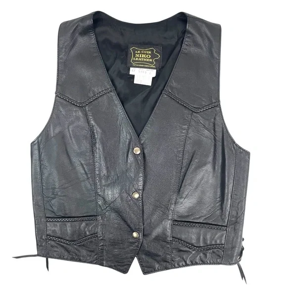 Vtg Le Cuir Niko Leather Biker Vest Black Size L, Eagle Embrossed Braided Detail - Picture 3 of 14